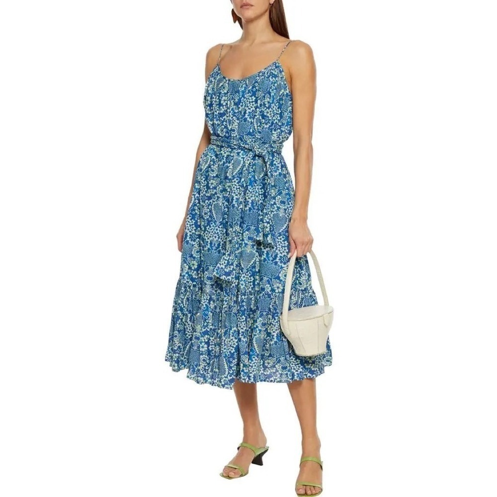 RHODE Lea Belted Floral Printed Cotton-Poplin Midi Dress Blue‎ Vacation X-Small